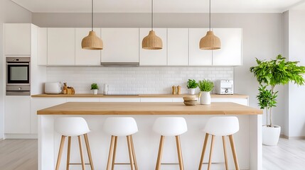 Fototapeta premium Modern Kitchen Interior with White Cabinets, Wood Countertop, Rattan Pendant Lights, and Bar Stools for Minimalist Home Design.