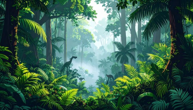 Lush tropical rainforest illustration featuring vibrant greenery and prehistoric dinosaurs, perfect for nature and adventure themed projects