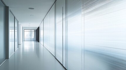 Modern, minimalist office hallway with glass partitions