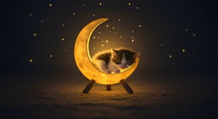 Cute Kitten Sleeping Peacefully in Moon Cradle Under Starry Sky Dreamy Scene Adorable Sleepy Kitten Cradled in Crescent Moon Surrounded by Stars Fantasy