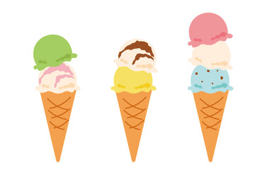 Variety of Ice Cream in Cone Cups – Double and Triple Scoops Summer Illustration
