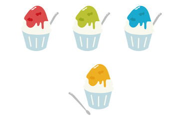 Four Snow Cones with Colorful Syrups and Silver Spoons – Flat Summer Illustration
