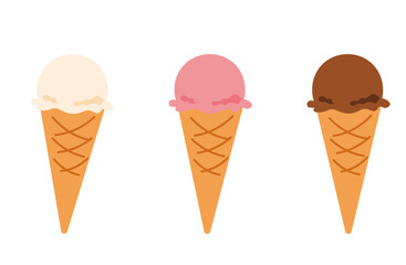 Three Single Scoop Ice Cream Cones – Cute Summer Flat Illustration
