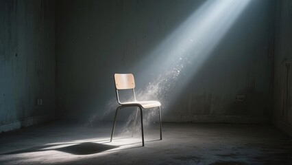 Empty wooden chair in quiet room with sunbeam through window, conveying solitude, nostalgia and melancholy. Minimalist concept of loneliness and waiting for someone.