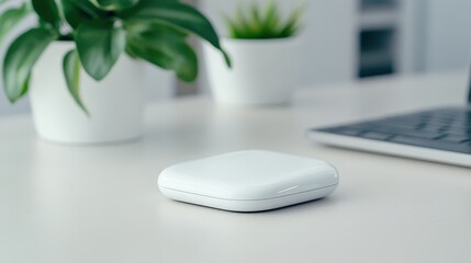 A small white gadget sits on a clean desk near a keyboard and potted plants, creating a modern and minimalistic workspace.