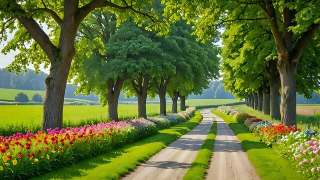 A peaceful and beautiful country road winds through lush green fields, on the spot