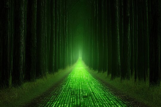Forest path glows with digital code