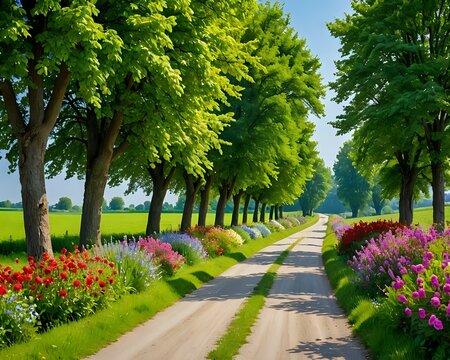 A peaceful and beautiful country road winds through lush green fields, on the spot - Powered by Adobe