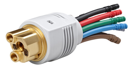 Industrial Connector: Close-up of a multi-pin industrial connector with a brass housing and colorful wires. The connector is isolated on a clean white background.