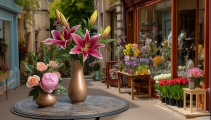Fototapeta premium Charming Flower Arrangements in a Vibrant Street Scene