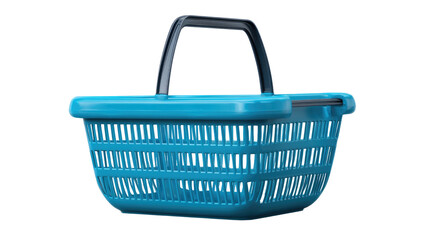 Basket with handle: A close-up shot of a teal shopping basket with a black handle, designed to carry goods and merchandise.