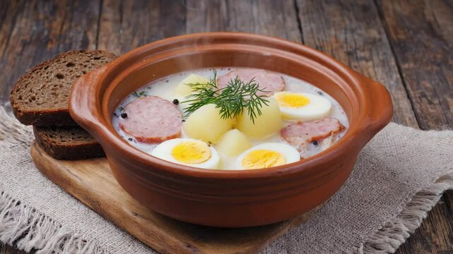 Zurek in a rustic ceramic bowl with rye bread, Ambient indoor light, Warm and savory mood, Steaming and inviting
