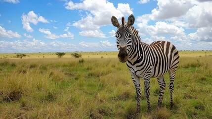 Obraz premium Pixelated Zebra Stands in Grassy Savannah Under a Blue Sky with Scattered Clouds