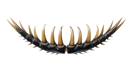 Centipede Forcipules Close-up: A detailed close-up shot reveals the intricate structure of a centipede's forcipules, showcasing the curved, sharp claws and segmented body. 