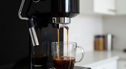 Espresso machine pouring coffee into a glass cup in a bright kitchen.