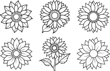 Set of Sunflower outline vector illustration, line art