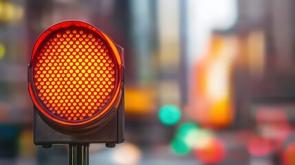 A red traffic light signals vehicles to stop in a busy urban setting with blurred city lights in the background.