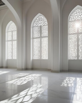  mosque interior view, Islamic elegance, spiritual decor, minimal mosque design, peaceful prayer area, artistic mosque interior, carved plaster, detailed ceiling work, natural light in mosque, white m