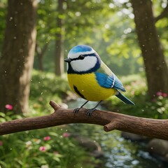Fototapeta premium Blue Tit Bird on Branch, Forest Background