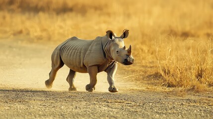 Obraz premium Rhino Galloping with Dust in Golden Light Across the African Plains at Eye Level in Natural Habitat