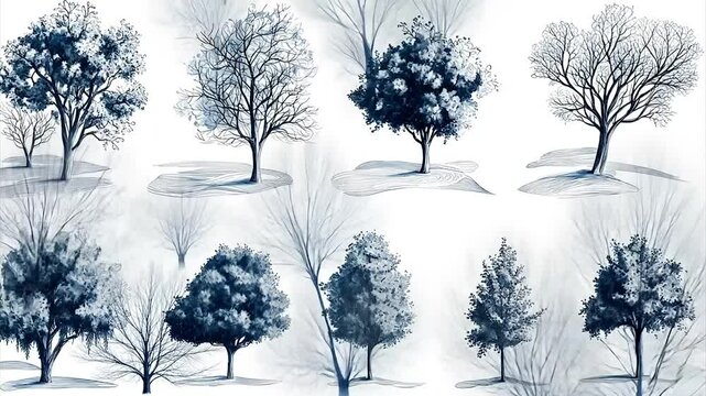 Collection of stylized winter trees in shades of blue, rendered with delicate linework and subtle shading