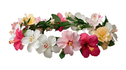 Hibiscus Flower Crown: A vibrant and colorful hibiscus flower crown, crafted with delicate pink, white, and yellow hibiscus blossoms.