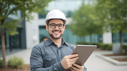 Smiling engineer wearing hardhat holding clipboard at office park