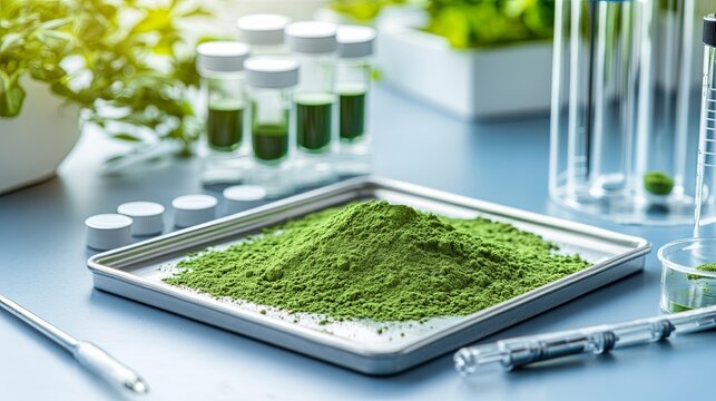 Green plant powder displayed on lab tray with tools.