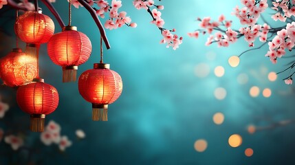 Obraz premium Illuminated red lanterns among blossoming spring branches.