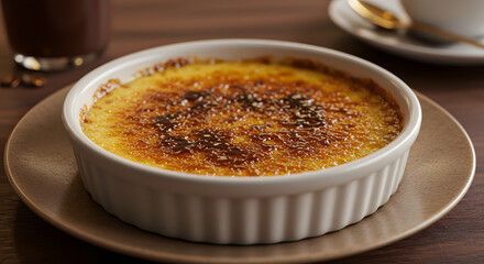 Delicious creamy Crème Brûlée in a ceramic bowl topped with caramelized sugar served at the table
