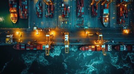 Aerial view of a busy port at night.  Ships, containers, and cranes are seen in action