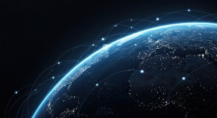 Digital earth globe with network connections in space against a dark background.