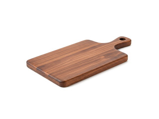 Wooden cutting board with handle isolated on white background.