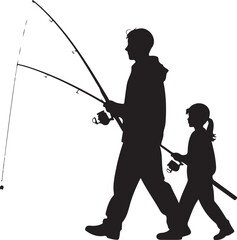 Obraz premium Fisherman Casting Line SilhouetteBig Catch – Fish on Hook VectorBoat Fishing Adventure Silhouette SceneSpearfisher in Action Silhouette ArtLake Fishing Moment Vector Design