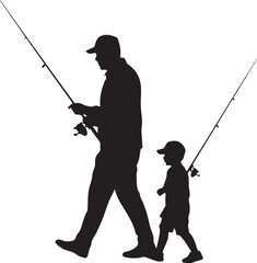 Obraz premium Fisherman Casting Line SilhouetteBig Catch – Fish on Hook VectorBoat Fishing Adventure Silhouette SceneSpearfisher in Action Silhouette ArtLake Fishing Moment Vector Design