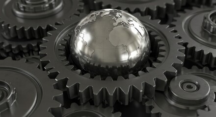 Metal globe sits atop interlocking gears suggesting mechanism or global interconnectedness.
