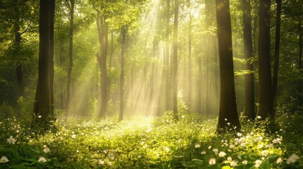 Obraz premium Sunlight streams through a lush, tranquil forest, filled with wildflowers.