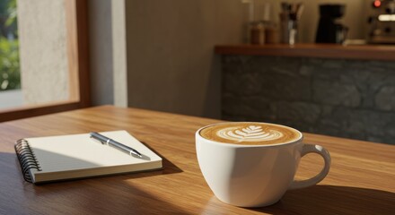 Coffee cup notepad and pen on a wooden table near a window.