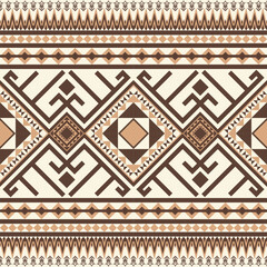Ethnic pattern with geometric designs in brown and beige on cream. Features diamonds, zigzags and tribal motifs ideal for home decor, textiles and cultural design projects.