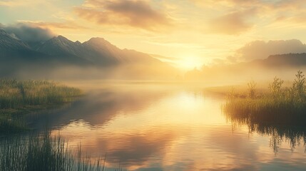 Obraz premium Golden hour over a calm lake reflecting soft sunlight.