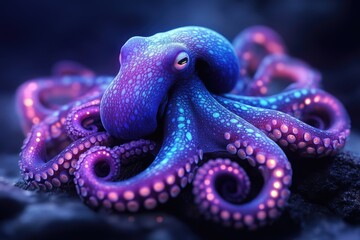 Obraz premium A vibrant, luminous octopus in a deep sea environment. Its skin is a captivating blend of purple and blue, dotted with luminous highlights