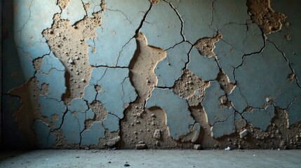 Aged wall surface with extensive cracking and flaking paint revealing underlying substrate