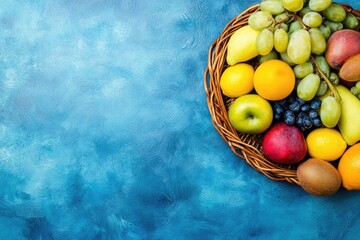 Colorful fruit basket on blue surface