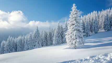 Fototapeta premium Snow Covered Evergreen Trees in Winter Landscape Under Clear Blue Sky With Sun Exposure
