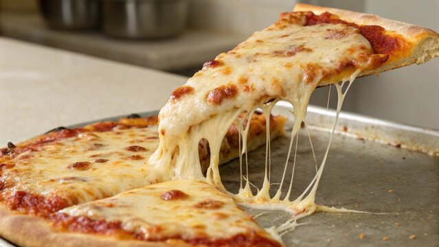Close up view of a single slice of New York style pizza with melted cheese and a thin crispy crust