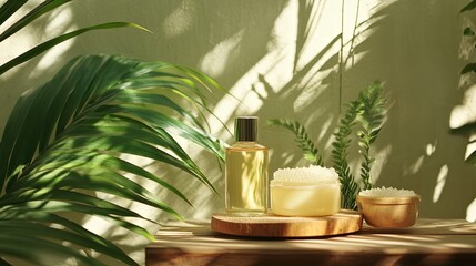 Natural skincare products with green plants in the background.