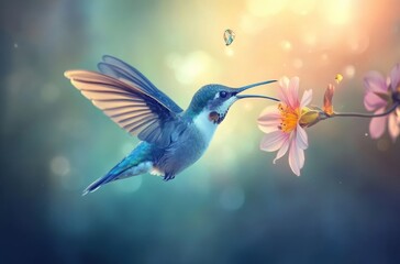 Fototapeta premium A hummingbird in mid-flight feeding from a flower, wings frozen in motion