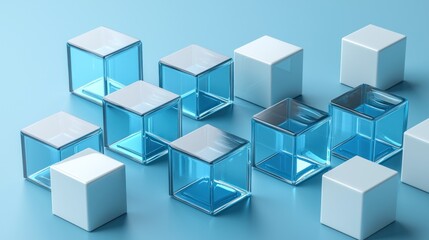 Arrangement of translucent cubes on a light blue surface.