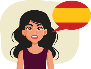 Cheerful Spanish Woman Speaking with Speech Bubble Vector Character. Student learns Spanish to communicate fluently and effectively 