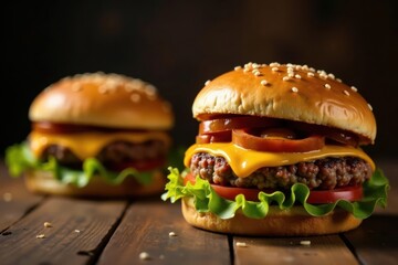 Juicy Cheeseburger Delights on Rustic Wooden Table A Close-Up of Two Gourmet Burgers with Melted Cheese, Lettuce, and Tomato Slices